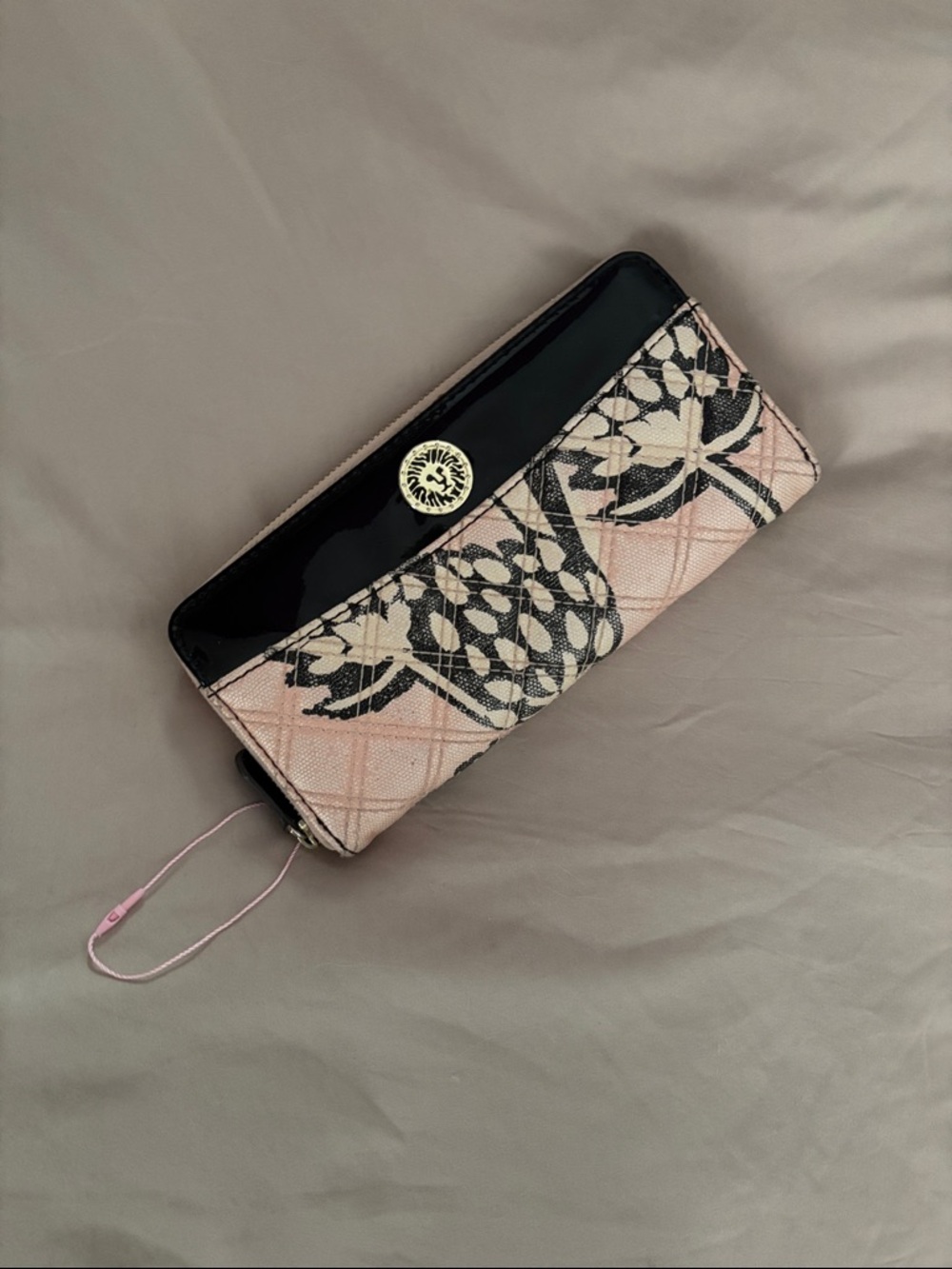 Anne Klein Pink and Black Patterned Zip Wallet with Gold Accent